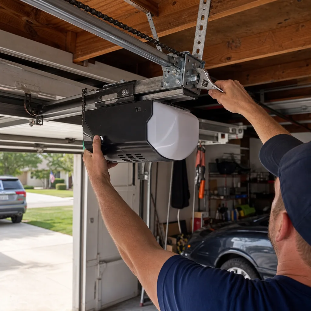 Technician performing professional garage door opener motor repair