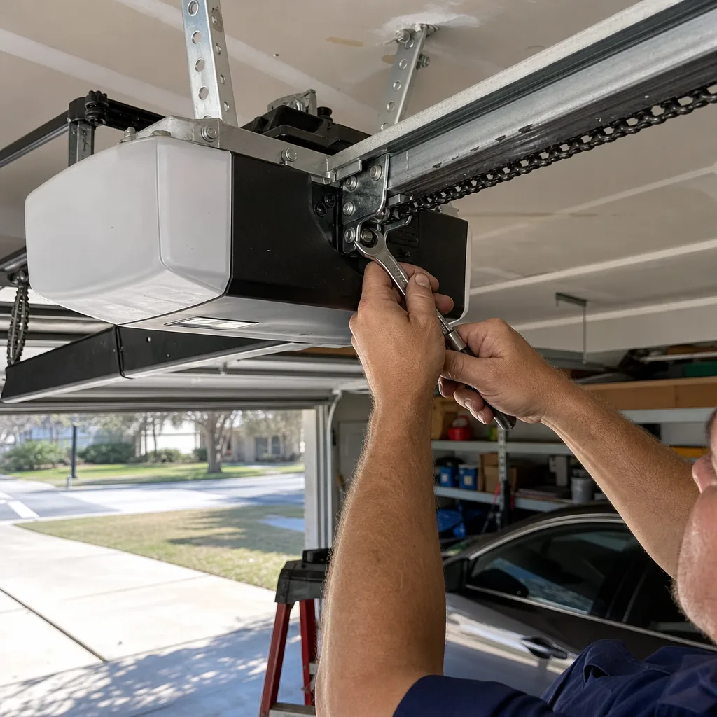 Technician using a wrench for garage door opener repair service