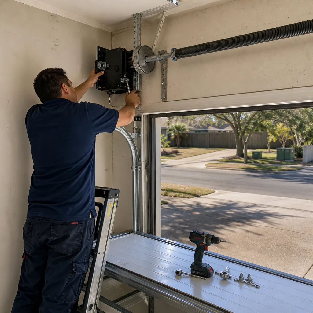 Technician performing professional garage door opener repair on a ceiling unit