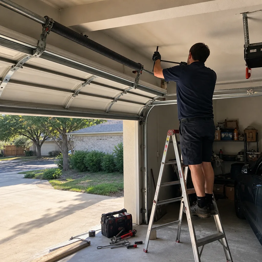 Professional technician repairing garage door torsion spring
