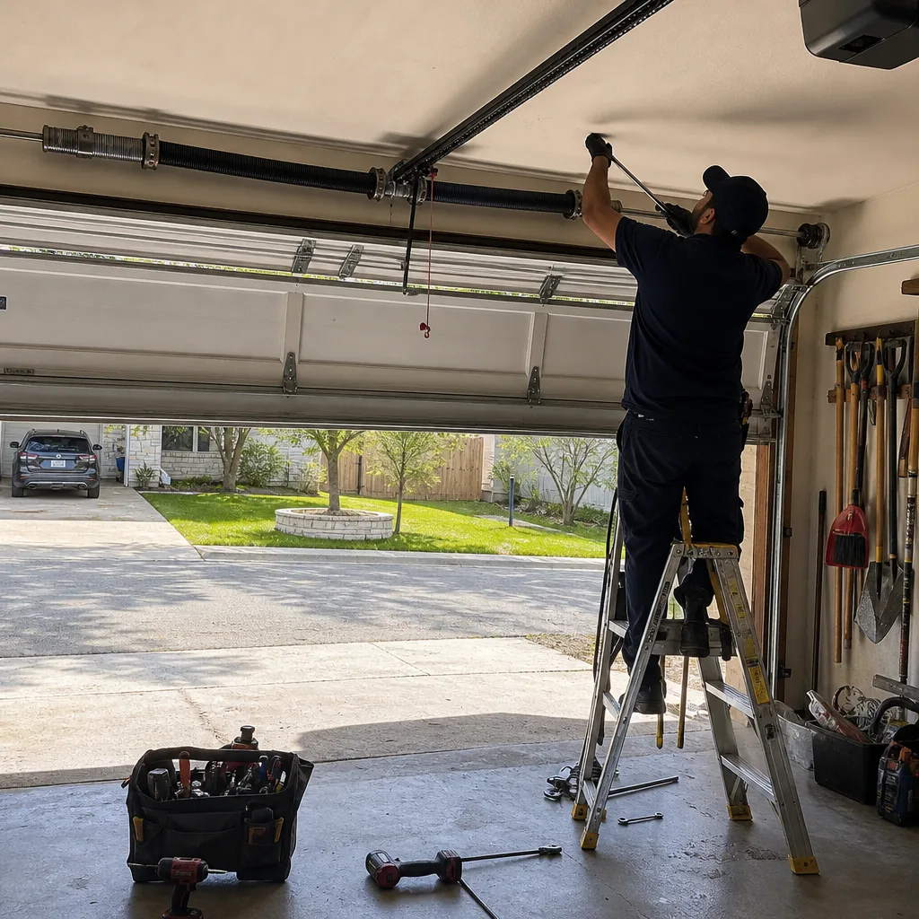 Technician performing professional garage door spring repair and maintenance