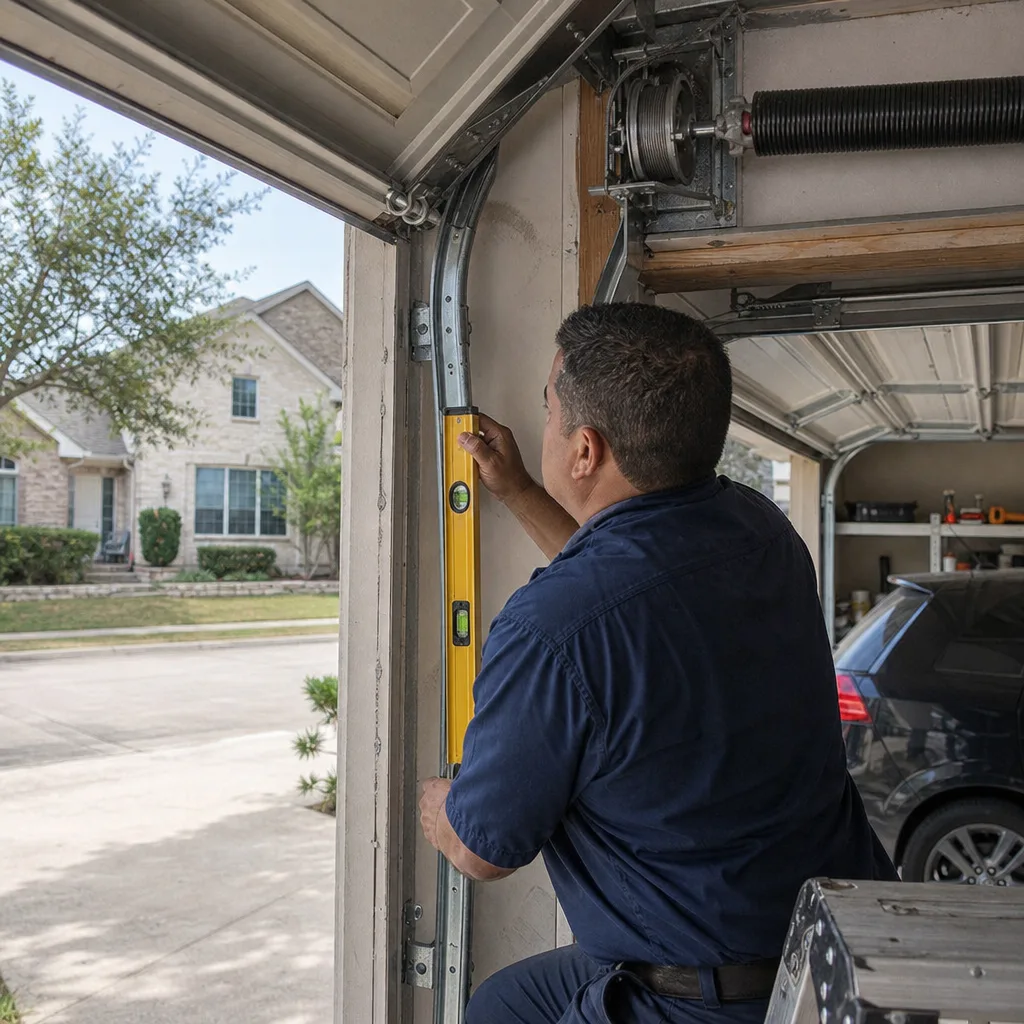 Garage door technician using a level to check track alignment